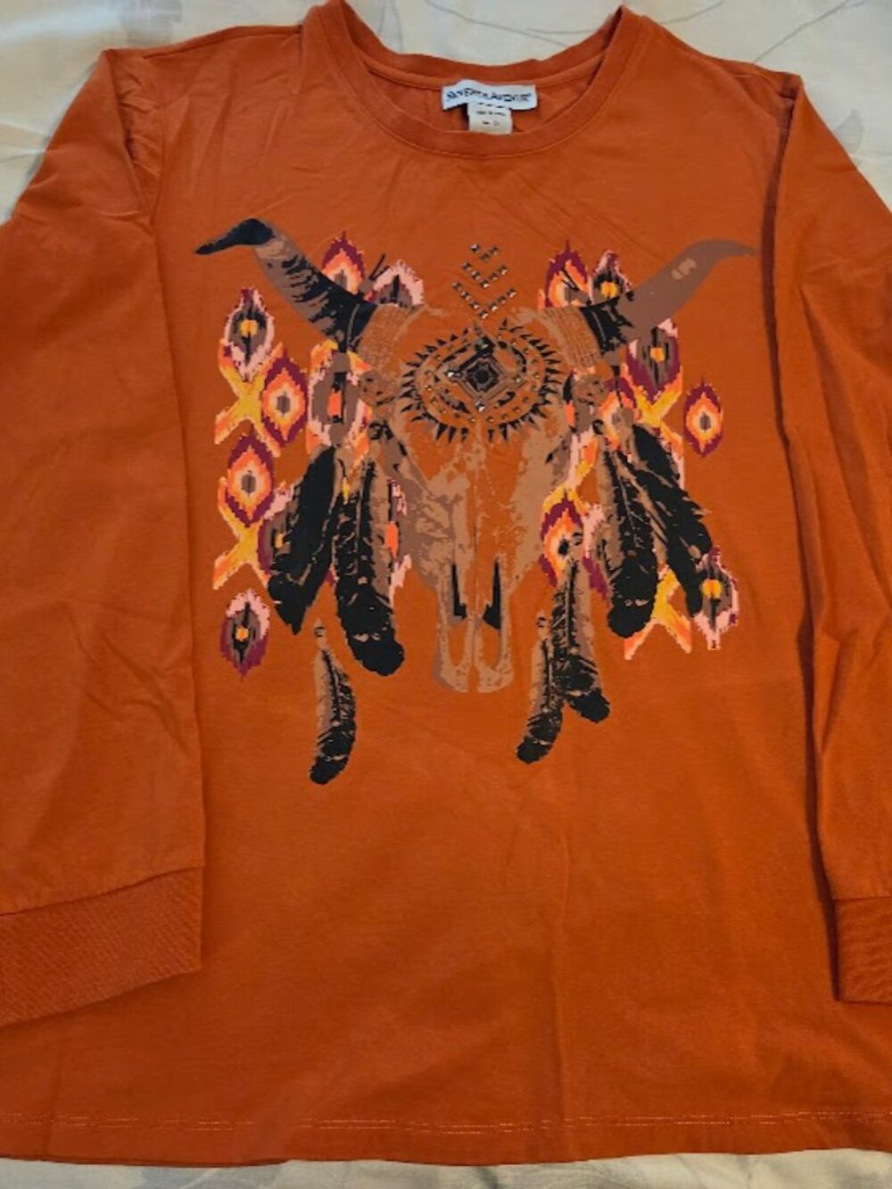 Size 2X Long Sleeve Fall Ladies Skull with Feathers T Shirt